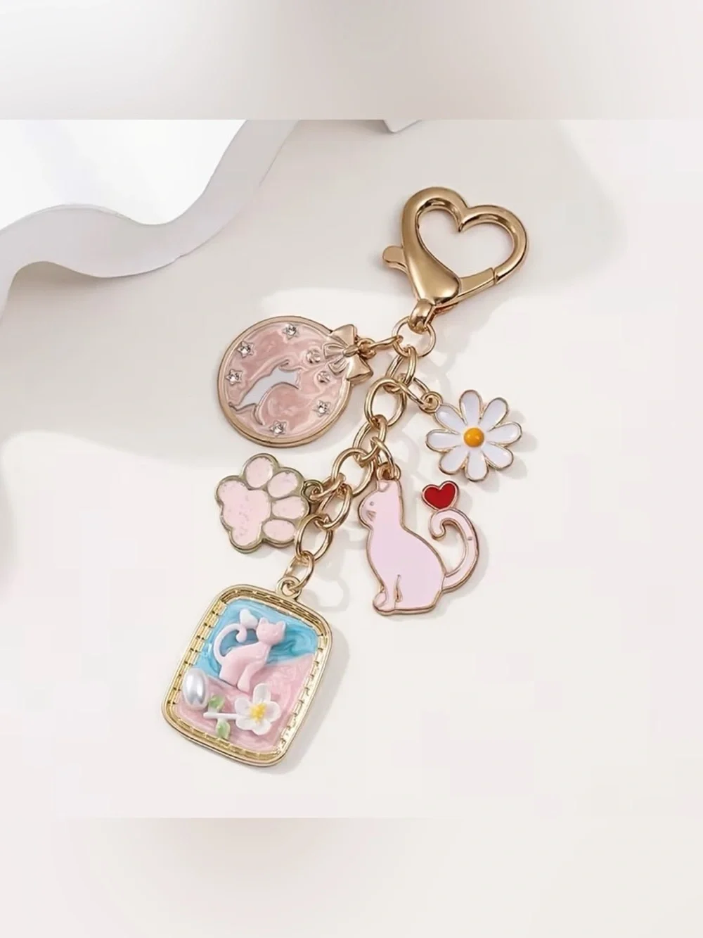 Cat & Daisy Enamel Charm Keychain Bag charm Pink w/ Gold Tone Hardware NIP